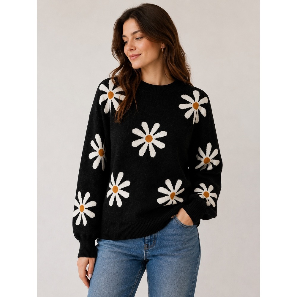 Black Daisy Bohemian Floral Knit Sweater Crewneck Pullover XL New with tags